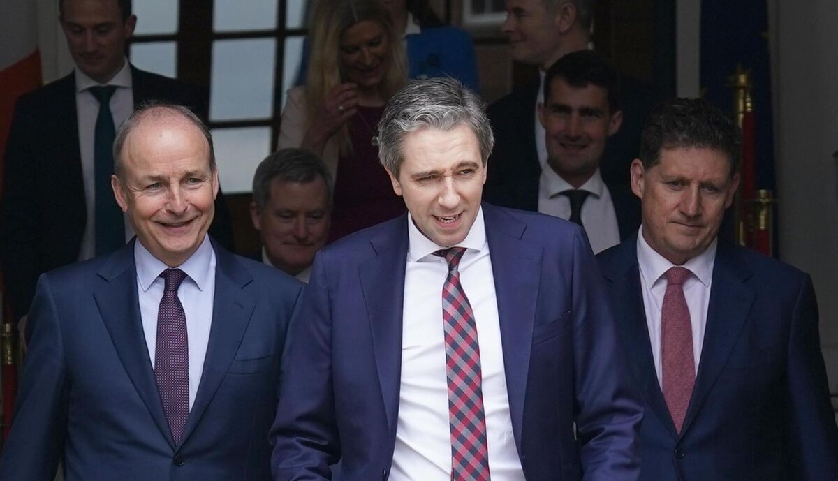 New Taoiseach Simon Harris (centre) with Tánaiste Micheál Martin (left) and Green Party leader Eamon Ryan, may seek more spending ahead of a general election but Minister McGrath said budgetary negotiations will begin in a few months time when the summer economic statement is finalised.