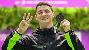 <p>Rhys McClenaghan of Ireland with his gold medal after winning the pommel horse final at the 2024 Men's Artistic Gymnastics European Championships at Fiera di Rimini in Rimini, Italy. Photo by Filippo Tomasi/Sportsfile</p>