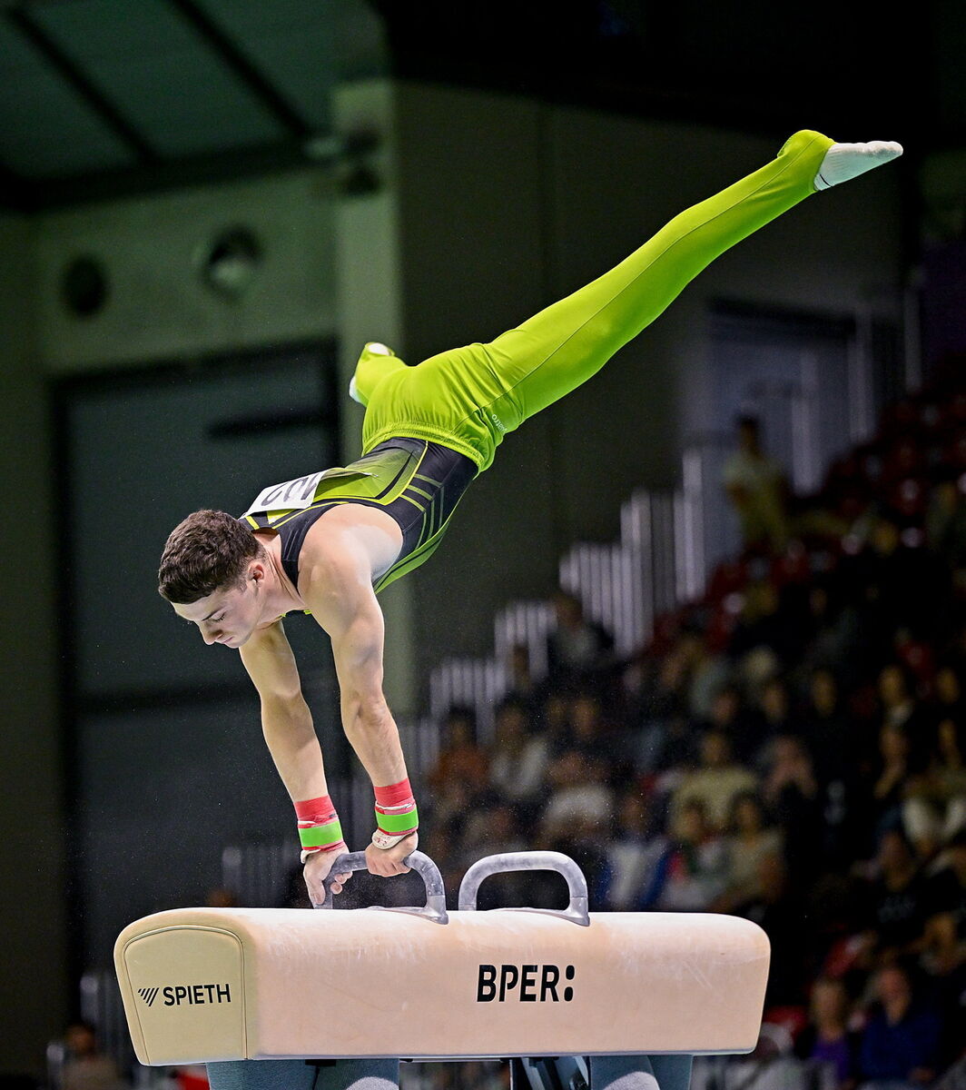 Rhys McClenaghan in action during the pommel horse final. Photo by Filippo Tomasi/Sportsfile
