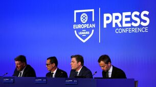 <p>(left-right) Jacco Swart, Pedro Proenca, Richard Masters and Alberto Colombo during the 48th European Leagues General Assembly press conference</p>