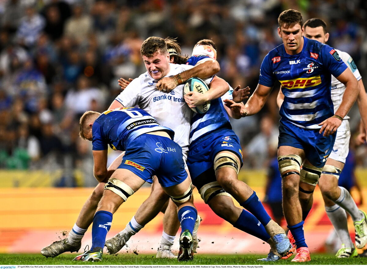 HARD YARDS: Gus McCarthy of Leinster is tackled by Marcel Theunissen and Ruben van Heerden of DHL Stormers. Pic: Harry Murphy, Sportsfile