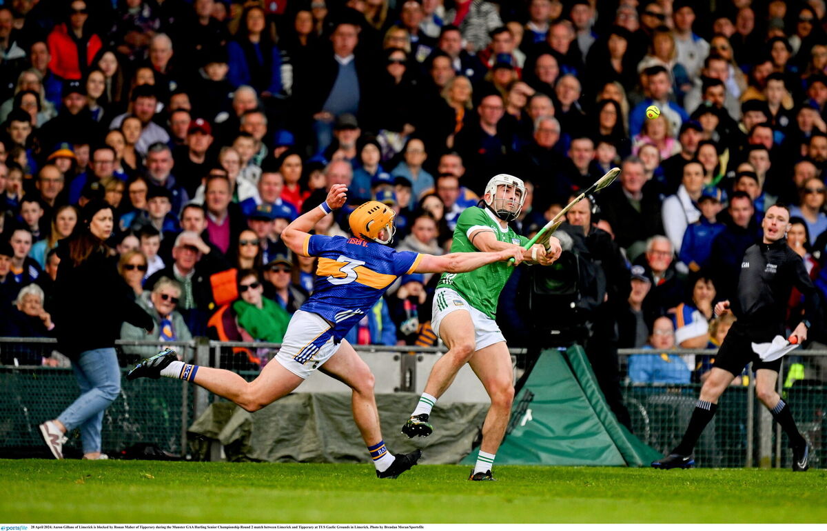 Aaron Gillane of Limerick is blocked by Ronan Maher of Tipperary during the Munster GAA Hurling Senior Championship Round 2 match between Limerick and Tipperary at TUS Gaelic Grounds in Limerick. Photo by Brendan Moran/Sportsfile