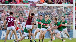 <p>WE MEET AGAIN: Galway’s John Maher attempts a late shot during last year's tussle. Pic: James Crombie, Inpho</p>