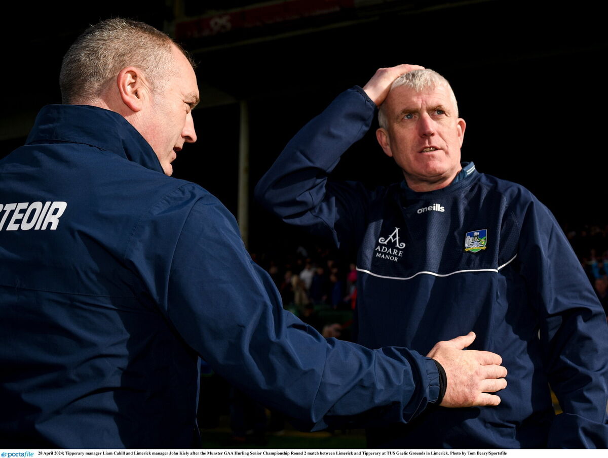 Tipperary manager Liam Cahill and Limerick manager John Kiely after the Munster GAA Hurling Senior Championship Round 2 match between Limerick and Tipperary at TUS Gaelic Grounds in Limerick. Photo by Tom Beary/Sportsfile