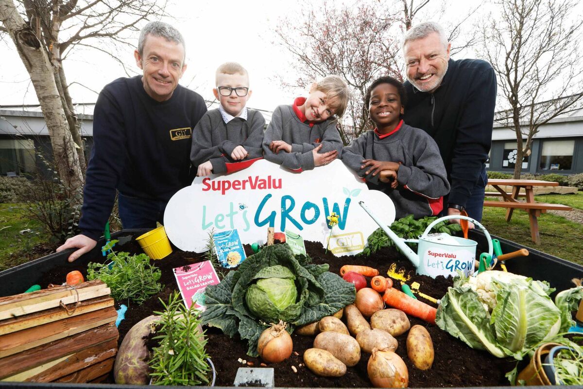 Michael Kelly (GIY) and Alan Jordan (owner of SuperValu Fortunestown) at Solas Chríost National School in Tallaght to launch the Let's Grow initiative. Register online at supervaluletsgrow.ie to get a free classroom growing kit. Picture: Leon Farrell / Photocall Ireland 