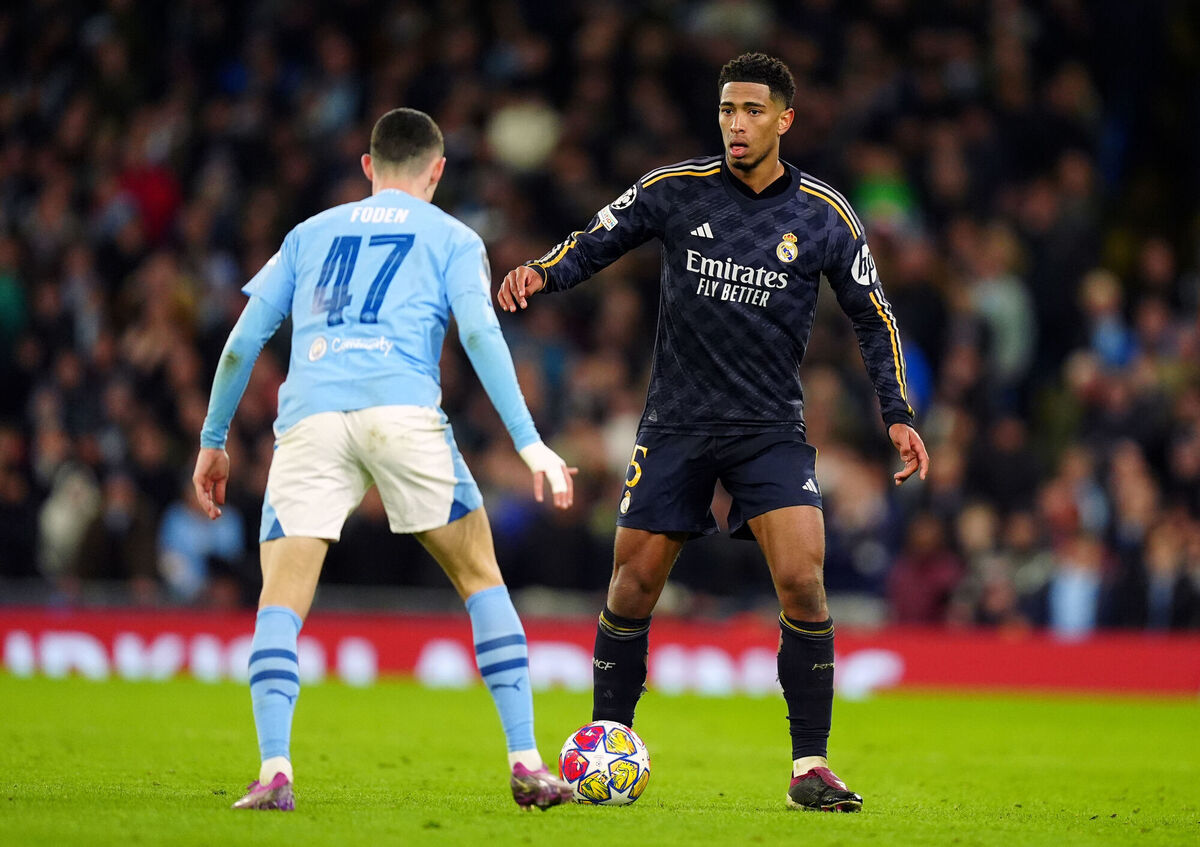 Real Madrid's Jude Bellingham looks to get past Manchester City's Phil Foden during the UEFA Champions League quarter-final, second leg match at the Etihad Stadium, Picutre: Mike Egerton/PA Wire.