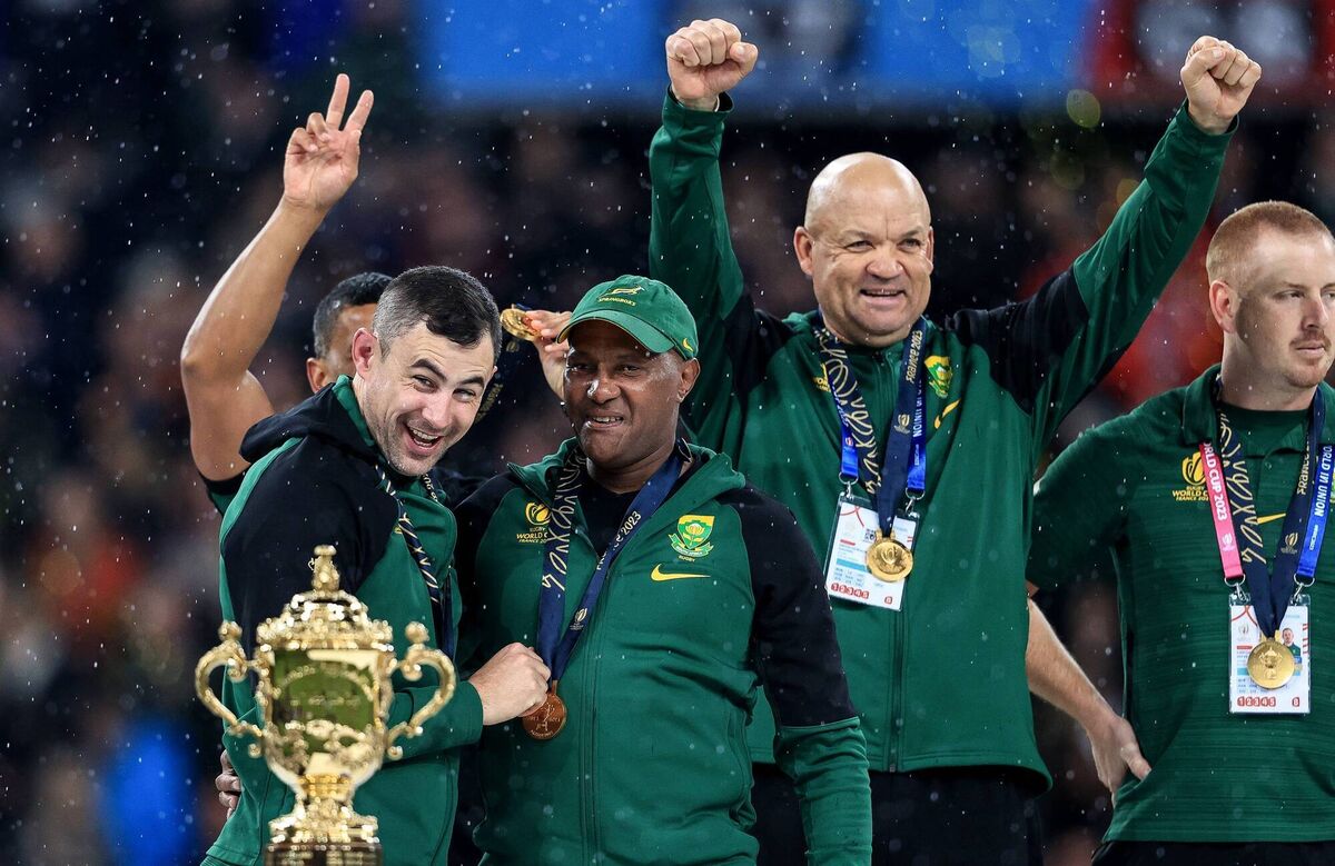 South Africa assistant coach Felix Jones (far left) celebrates after the 2023 Rugby World Cup final against New Zealand. Picture: ©INPHO/Dan Sheridan South Africa assistant coach Felix Jones (far left) celebrates after the 2023 Rugby World Cup final against New Zealand. Picture: ©INPHO/Dan Sheridan