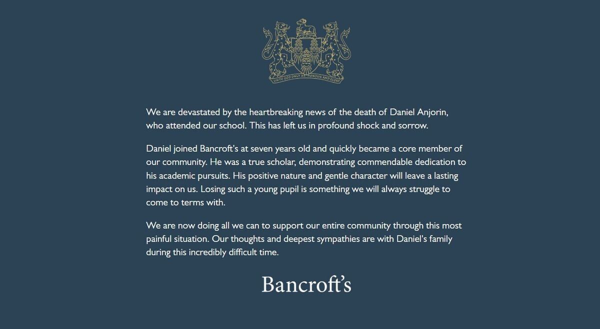 Handout screengrab taken from the website of Bancoft's following the death of their pupil Daniel Anjorin, the 14-year-old boy killed by a man who went on a rampage wielding a sword. Picture: Bancoft's/PA Wire