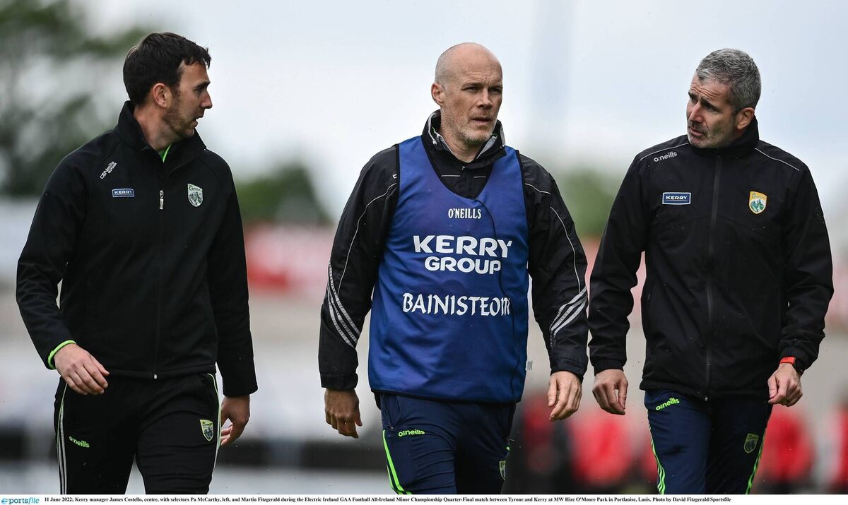 Kerry manager James Costello, centre, with selectors Pa McCarthy, left, and Mark Fitzgerald during the 2022 All-Ireland MFC quarter-final against Tyrone. Picture: David Fitzgerald/Sportsfile