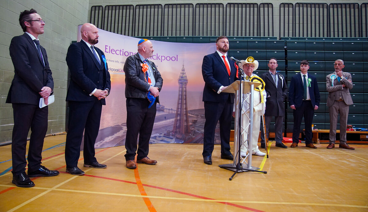 Labour’s Chris Webb celebrates after winning the Blackpool South by-election (Peter Byrne/PA)