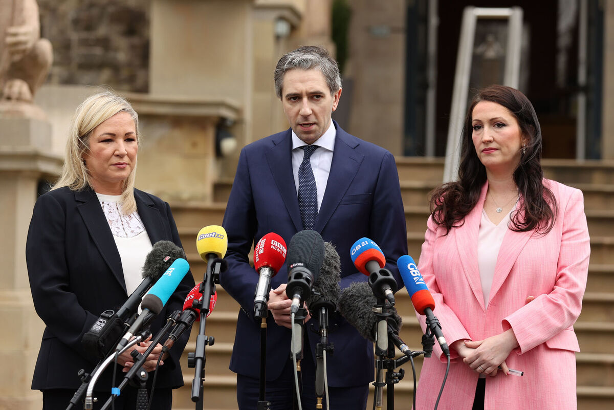 Taoiseach Simon Harris with First Minister Michelle O'Neill and deputy First Minister Emma Little-Pengelly, during a press conference outside Stormont Castle. Picture: Liam McBurney/PA Wire