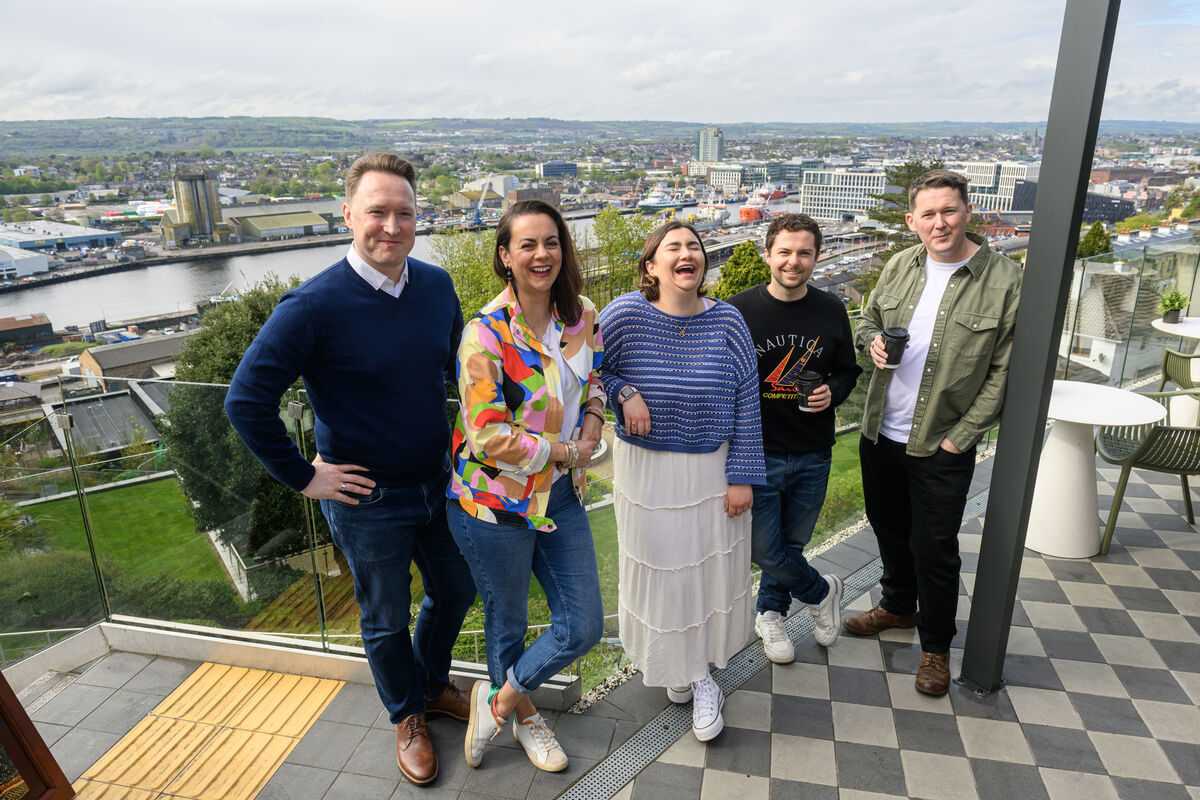 Young Offenders cast members Dominic MacHale, Hilary Rose, Jennifer Barry, Alex Murphy and Shane Casey at the Montenotte Hotel, Cork. Picture Dan Linehan