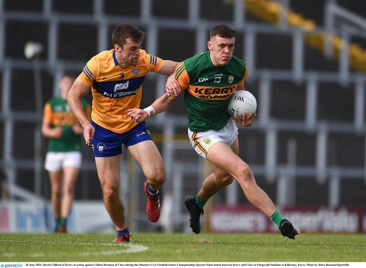 David Clifford of Kerry in action against Cillian Brennan of Clare during the 2021 Munster SFC quarter-final. Photo by Dáire Brennan/Sportsfile David Clifford of Kerry in action against Cillian Brennan of Clare during the 2021 Munster SFC quarter-final. Photo by Dáire Brennan/Sportsfile