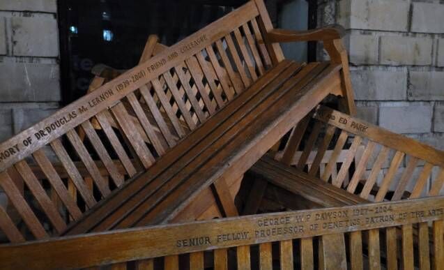 Benches stacked outside the entrance to TCD's Old Library, where the Book of Kells is located. Picture: @TCDSU_President/Twitter