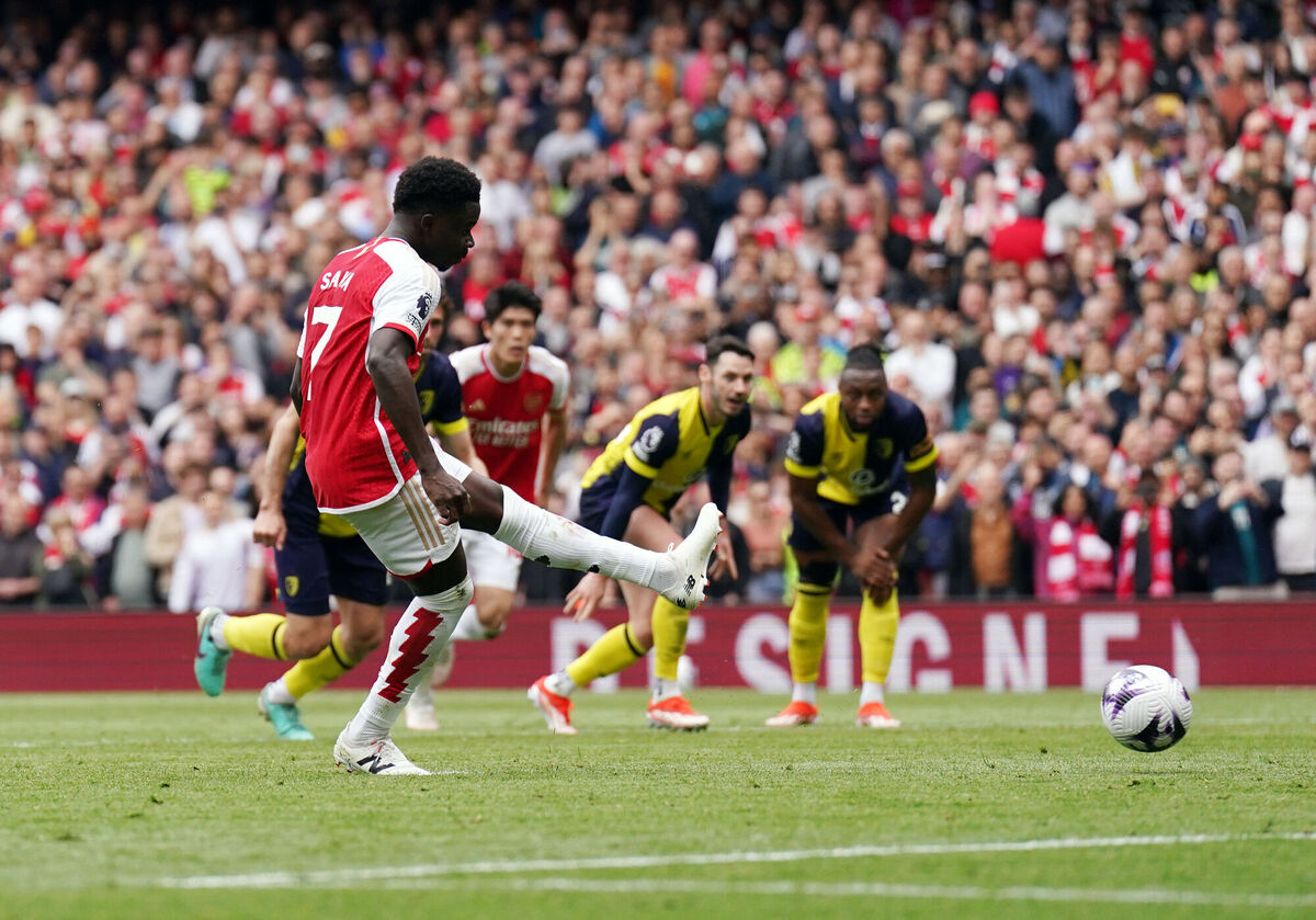 Arsenal's Bukayo Saka scores their side's first goal of the game from a penalty. Photo credit: Adam Davy/PA Wire.
