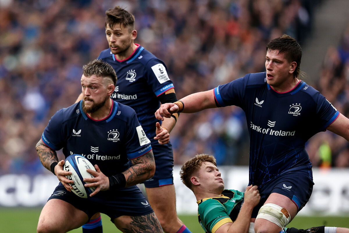 Leinster's Andrew Porter with Joe McCarthy and Fin Smith of Northampton Saints Pic: ©INPHO/Ben Brady Leinster's Andrew Porter with Joe McCarthy and Fin Smith of Northampton Saints Pic: ©INPHO/Ben Brady