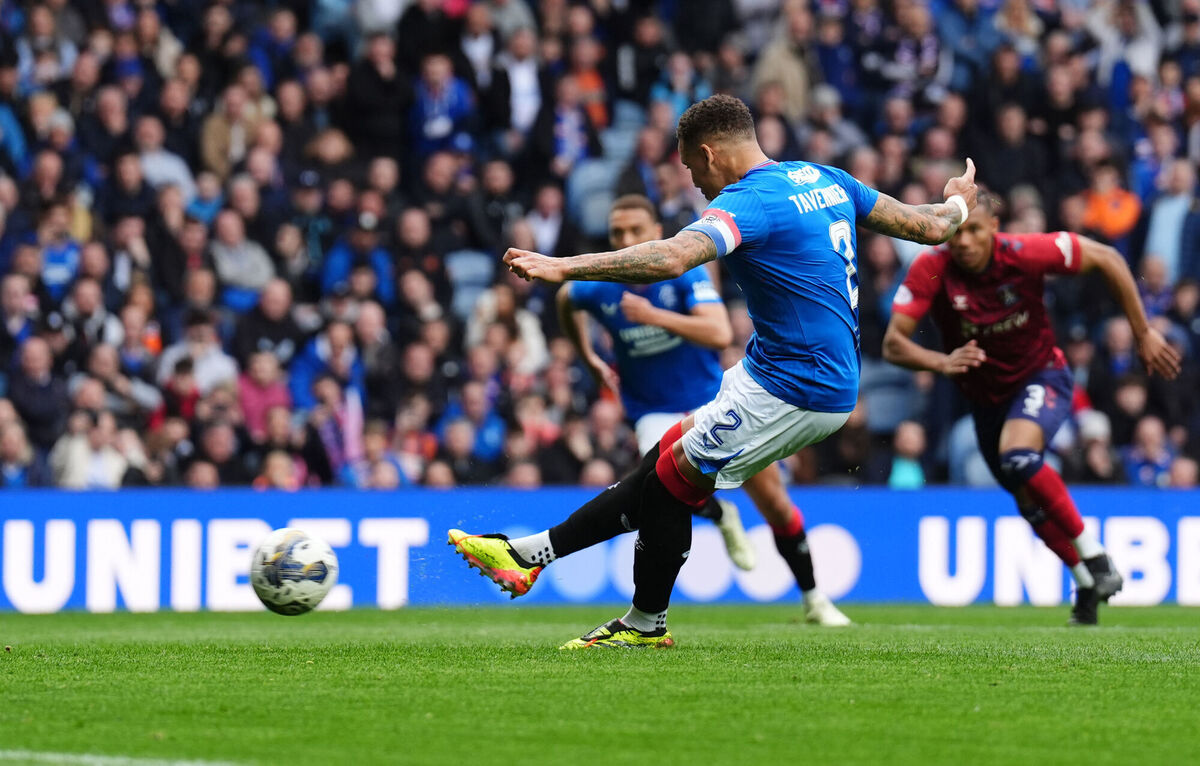Rangers' James Tavernier takes a penalty that is saved. Picture: Andrew Milligan/PA Wire.