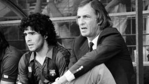 <p>FC Barcelona's Diego Maradona with his then trainer Cesar Luis Menotti at an International football tournament in Bordeaux on August 28, 1983. Photo by RENE JEAN/AFP via Getty Images)</p>