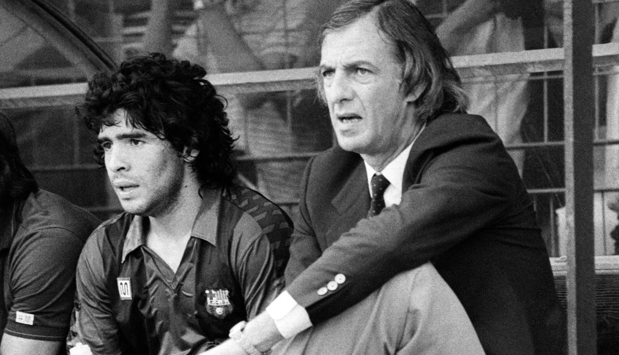 FC Barcelona's Diego Maradona with his then trainer Cesar Luis Menotti at an International football tournament in Bordeaux on August 28, 1983. Photo by RENE JEAN/AFP via Getty Images)