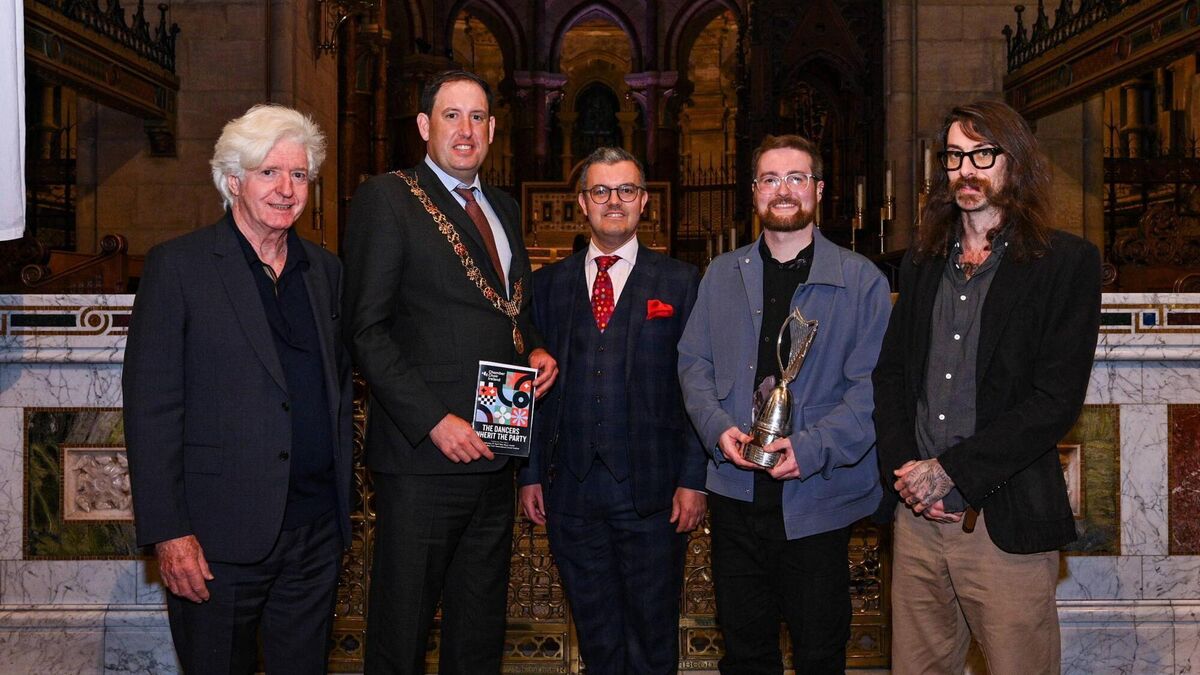  Anselm McDonnell pictured with Dónal Gallagher (brother of Rory Gallagher), Lord Mayor of Cork Cllr Kieran McCarthy, Cork Choral Festival’s artistic director Peter Stobart and Tim MacGabhann in St Fin Barre’s cathedral where McDonnell was presented with the 2024 Séan Ó Riada composition competition award for his Rory Gallagher inspired work. Pictures: Chani Anderson