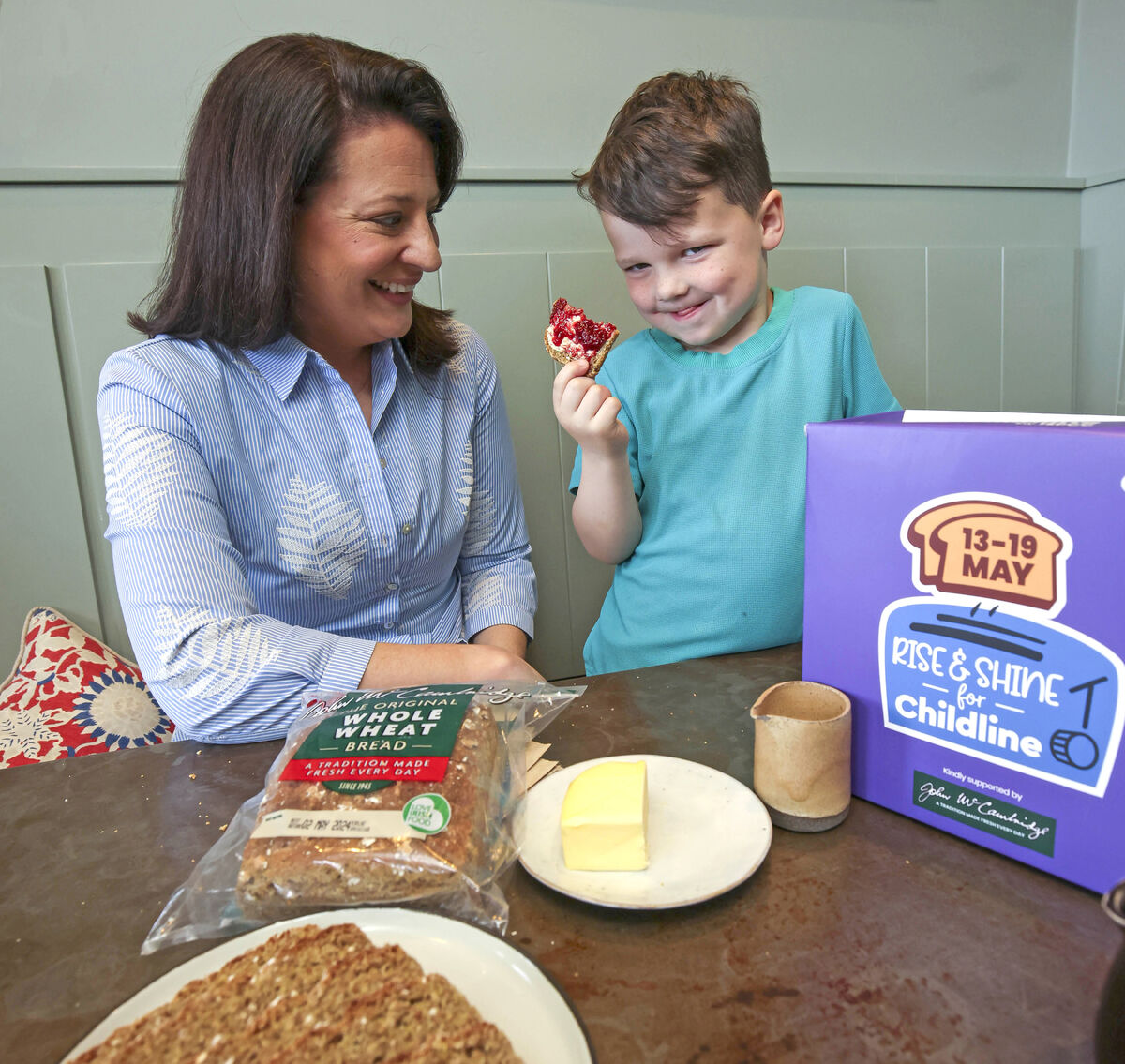 Jessica O'Leary, Head of Fundraising, Childline by ISPCC, with Reggie Power (5) celebrating the launch of Rise and Shine for Childline, the charity's national breakfast campaign designed to get people talking while raising funds for its essential services.