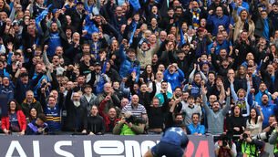 <p>Fans celebrate at Croke Park as James Lowe of Leinster scores a try. Pic ©INPHO/James Crombie</p>