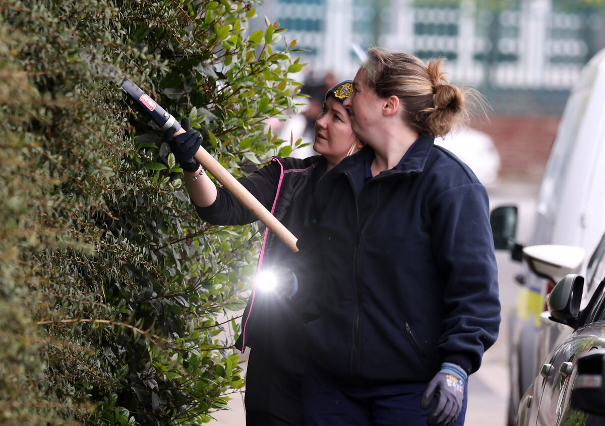Gardaí search for weapons in the undergrowth in the grounds of a day care centre on Curlew Road, Drimnagh on Tuesday afternoon. Picture: Colin Keegan, Collins Dublin