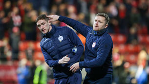 <p>GREATEST LEAGUE IN THE WORLD: Shelbourne manager Damien Duff and coach David McAllister. Pic Credit: Lorcan Doherty, Inpho.</p>