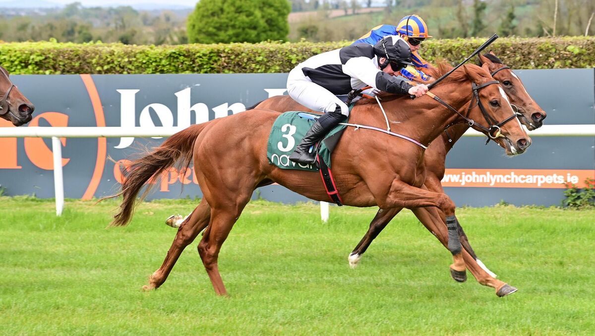 Unexpected Issues and Seamus Heffernan (near) win the Irish EBF Median Sires Series Maiden from Heavens Gate (far) at Navan. Picture: Healy Racing Unexpected Issues and Seamus Heffernan (near) win the Irish EBF Median Sires Series Maiden from Heavens Gate (far) at Navan. Picture: Healy Racing