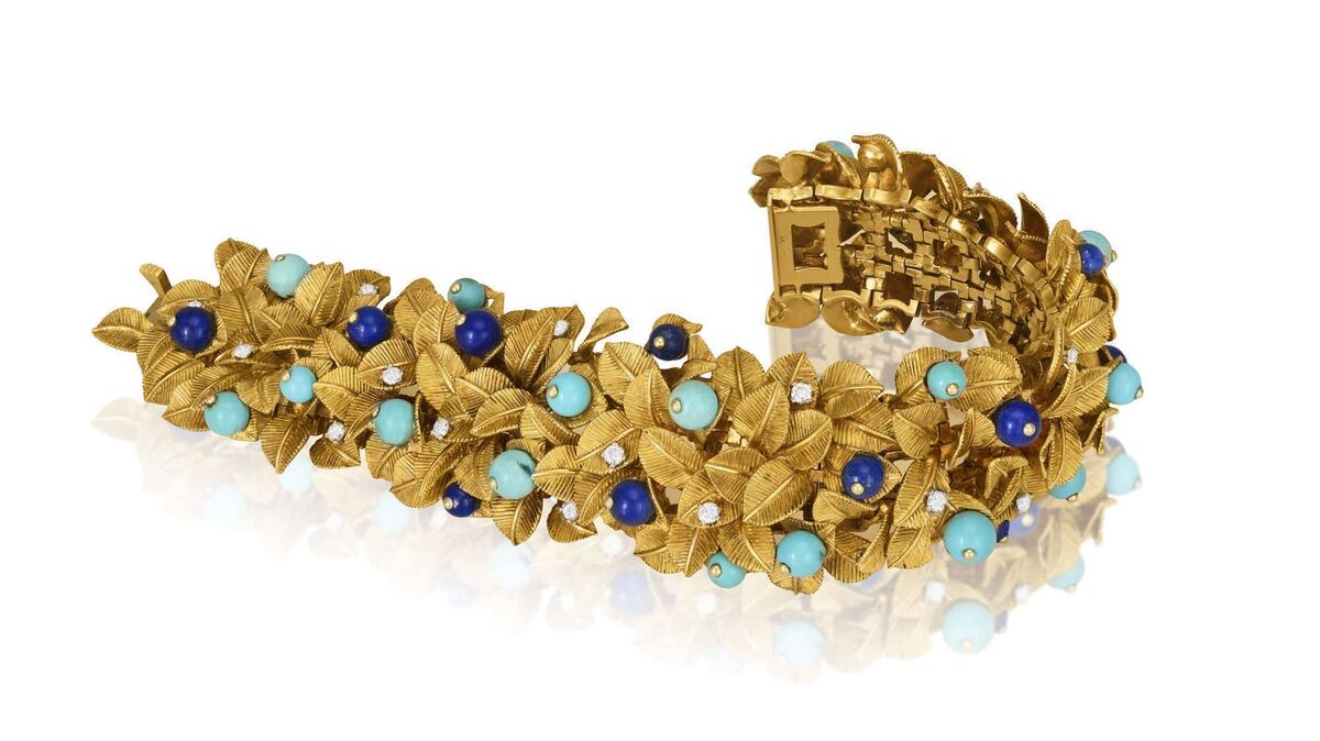 Turquoise, lapis lazuli and diamond bracelet at Adams. 
