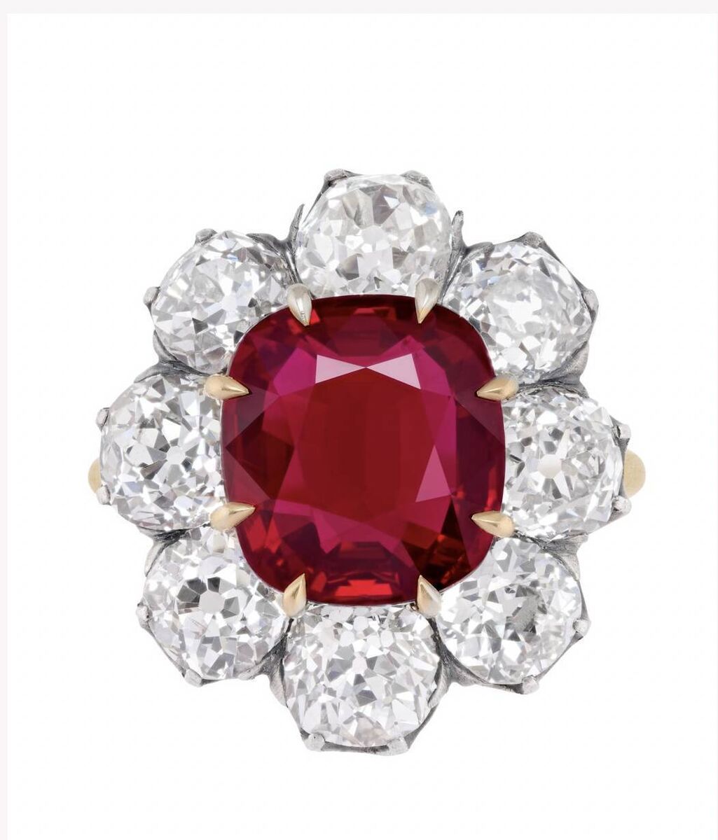 An exceptional pigeon's blood ruby and diamond ring at Christie's, Geneva with an estimate of €666,770- €1,025,795. The 5.03 carat ruby originated in Burma (Myanmar). 
