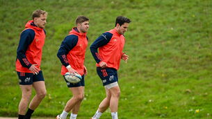 <p>CONNACHT PREP: Joey Carbery, right, with Jack Crowley and Mike Haley during Munster rugby squad training at University of Limerick in Limerick. Pic: Brendan Moran, Sportsfile</p>