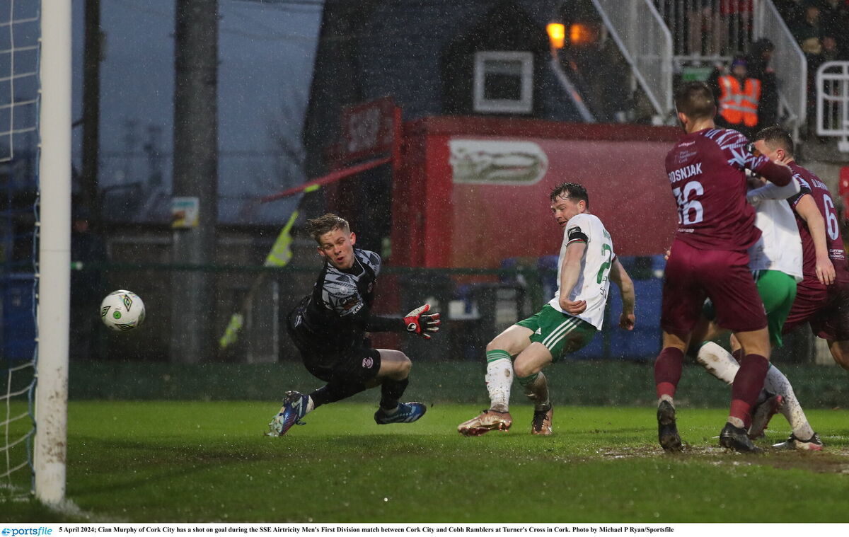 Cian Murphy of Cork City has a shot on goal during the SSE Airtricity Men's First Division match between Cork City and Cobh Ramblers at Turner's Cross in Cork. Photo by Michael P Ryan/Sportsfile