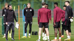 <p>LATE CHECK: Aston Villa manager Unai Emery (left) with Calum Chambers (centre) Tim Iroegbunam and goalkeeper Emiliano Martinez (right) during a training session. Photo credit: Nick Potts/PA Wire.</p>