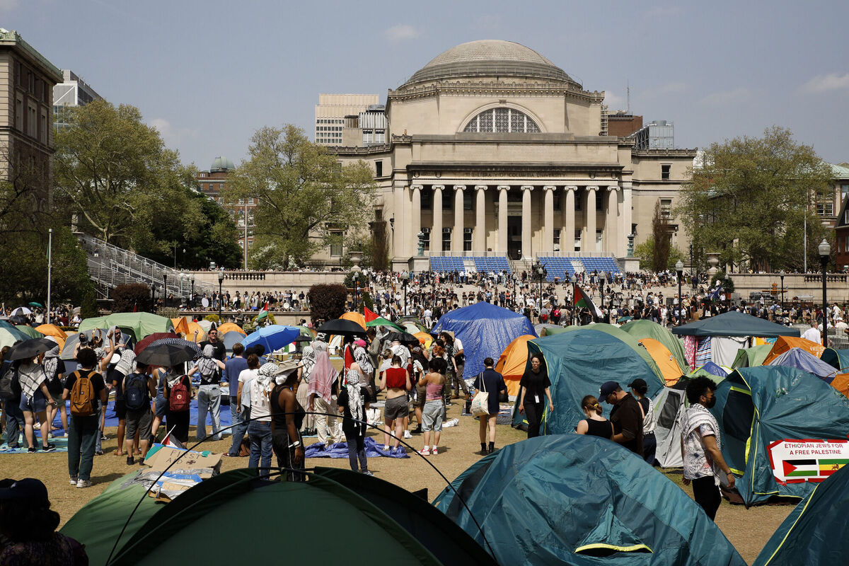Student protestors gather inside their encampment on the Columbia University campus, last month. Protesters of the war in Gaza defied a deadline to disband with chants, clapping and drumming. Photo: AP/Stefan Jeremiah Student protestors gather inside their encampment on the Columbia University campus, last month. Protesters of the war in Gaza defied a deadline to disband with chants, clapping and drumming. Photo: AP/Stefan Jeremiah
