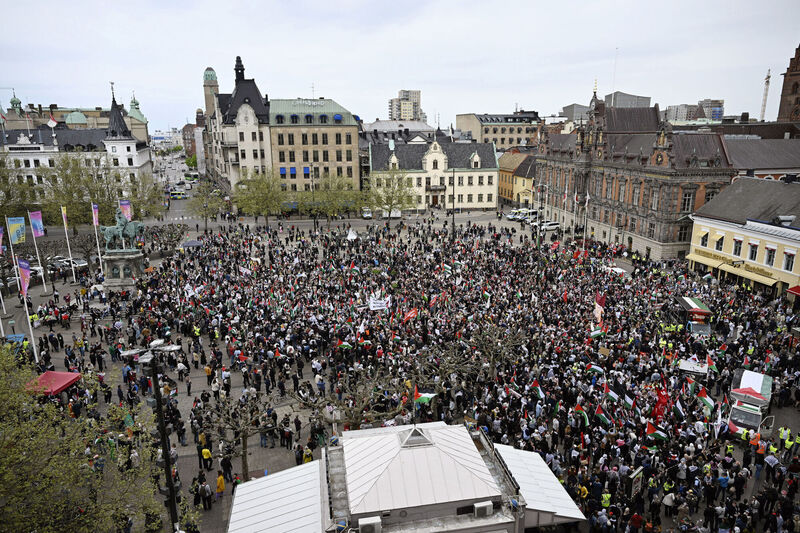 Protestors take part in the Stop Israel demonstration between Stortorget and Mölleplatsen in Malmö. Picture: Johan Nilsson/TT News Agency via AP