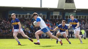 <p>TIPPERARY FOOTBALL: Waterford's Tom O'Connell in action against Tipperary players, from left, Jimmy Feehan, Tadhg Condon, and Paudie Feehan. Pic: Michael P Ryan/Sportsfile</p>
