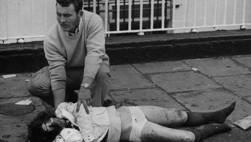 A victim of the terrorist bomb explosions at Talbot St, Dublin, which killed 20 people and injured 150. Picture: Maxwell/Keystone/Getty. A victim of the terrorist bomb explosions at Talbot St, Dublin, which killed 20 people and injured 150. Picture: Maxwell/Keystone/Getty.