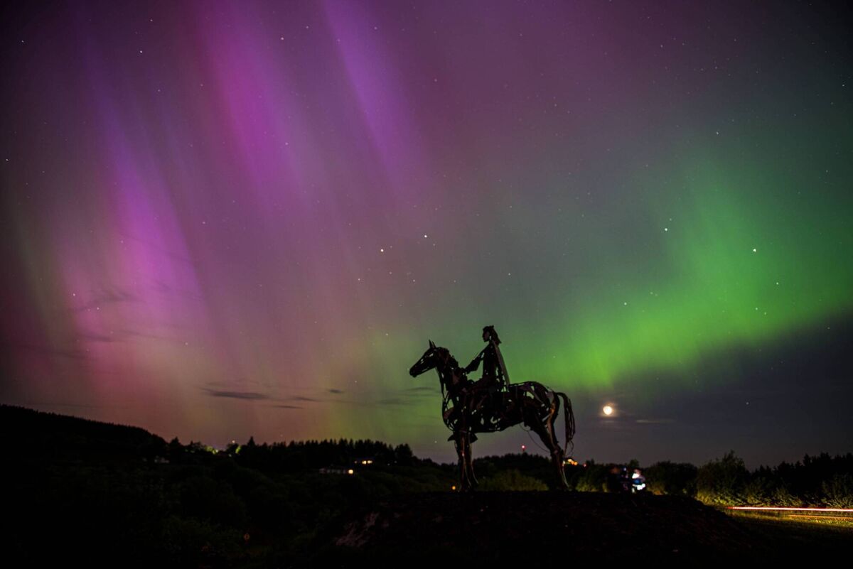 The Northern Lights captured over the Gaelic Chieftain sculpture on the N4 outside of Boyle. Picture: Enda Regan