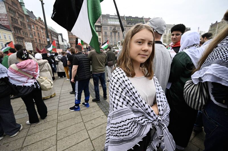 Swedish climate activist Greta Thunberg attends a rally in Malmo, Sweden, in protest against Israel's participation in the Eurovision Song Contest. Picture: AFP via Getty Images Swedish climate activist Greta Thunberg attends a rally in Malmo, Sweden, in protest against Israel's participation in the Eurovision Song Contest. Picture: AFP via Getty Images