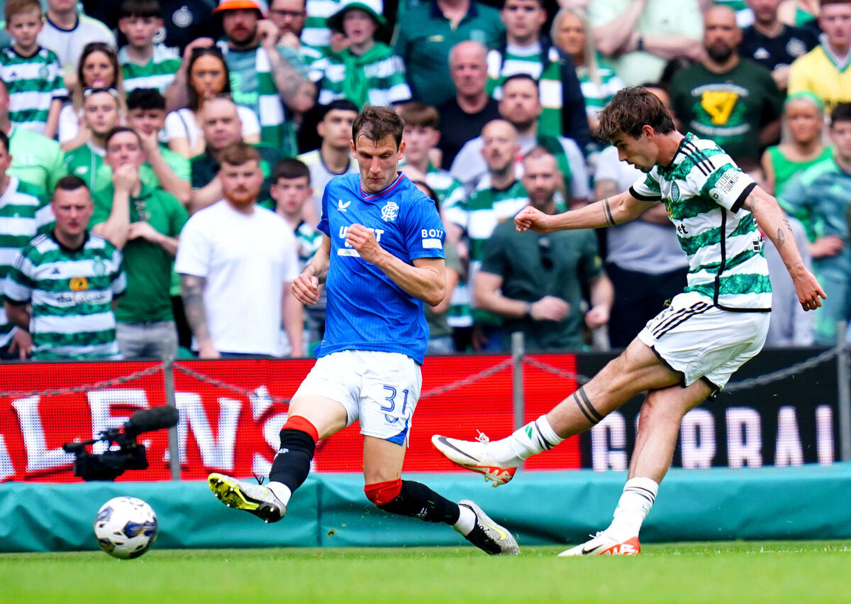 Celtic's Matt O'Riley scores his side's first goal of the game. Picture: Jane Barlow/PA Wire.