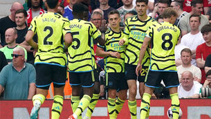 <p>Arsenal's Leandro Trossard (centre) celebrates scoring their side's winner. </p>