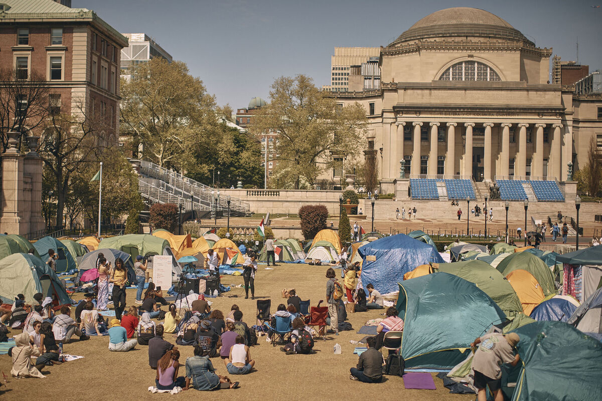 People listen to a speaker at a pro-Palestinian encampment, advocating for financial disclosure and divestment from all companies tied to Israel and calling for a permanent ceasefire in Gaza, inside the campus of Columbia University in New York last month. Photo: AP/Andres Kudacki People listen to a speaker at a pro-Palestinian encampment, advocating for financial disclosure and divestment from all companies tied to Israel and calling for a permanent ceasefire in Gaza, inside the campus of Columbia University in New York last month. Photo: AP/Andres Kudacki