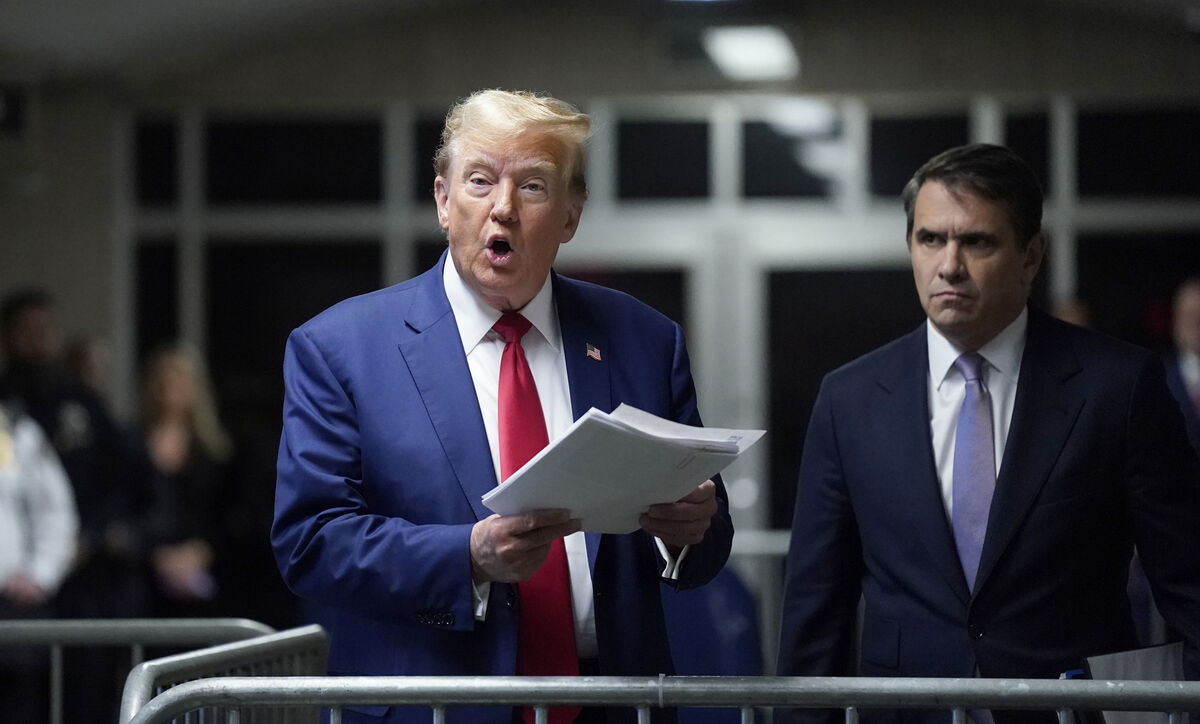 Former President Donald Trump, with attorney Todd Blanche, right, at Manhattan criminal court in New York (Picture: Timothy A. Clary/Pool Photo via AP)