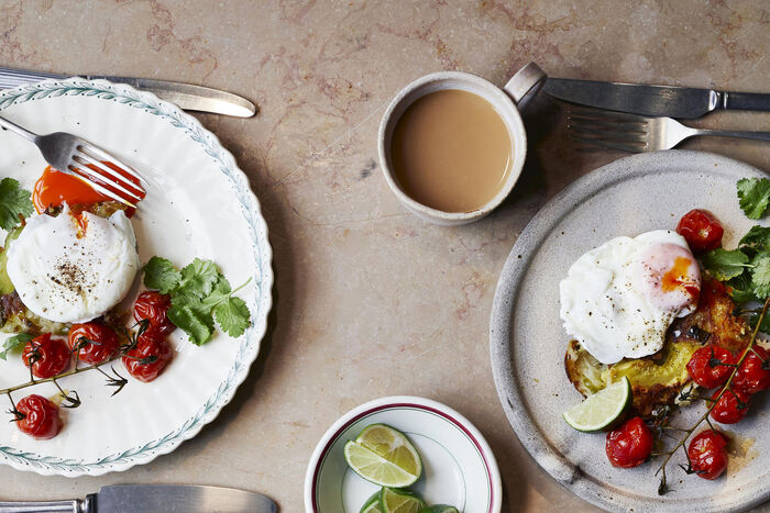 Avocado and jalapeno hash brown with poached eggs