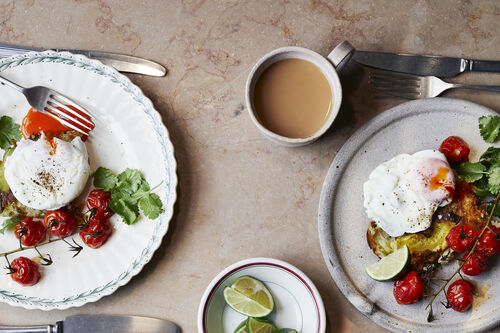Avocado and jalapeno hash brown with poached eggs