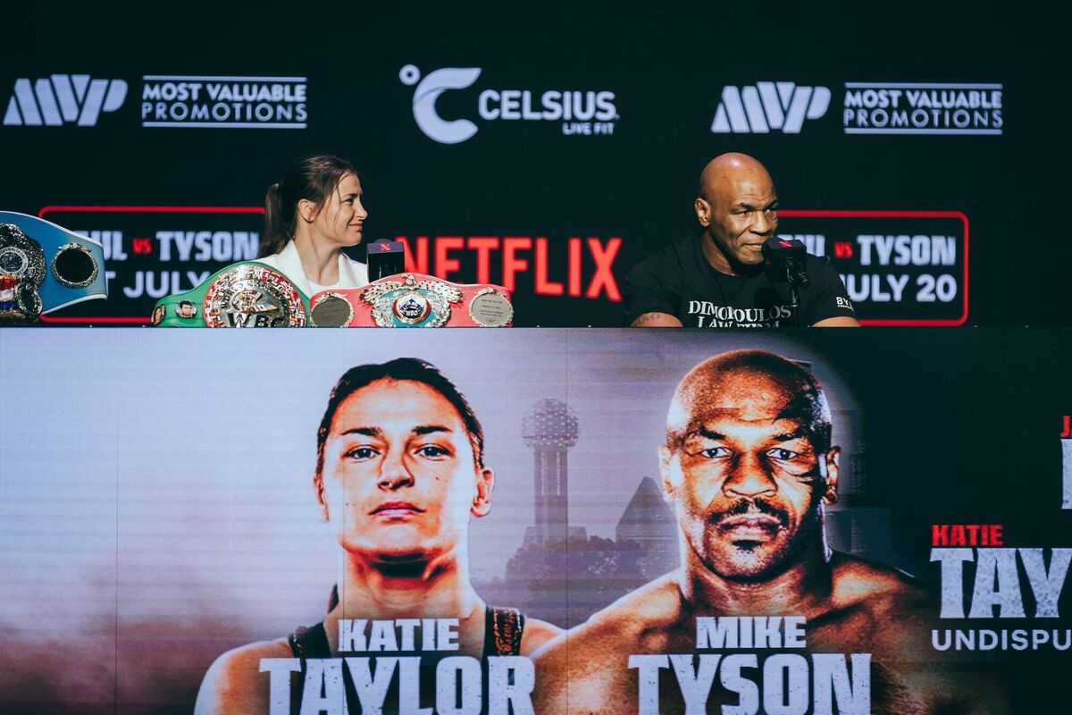 Katie Taylor and Mike Tyson at a New York press conference. Photo Credit: Amanda Westcott/Most Valuable Promotions