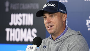 <p>Justin Thomas speaks during a news conference at the US PGA Championship at Valhalla (Sue Ogrocki/AP)</p>