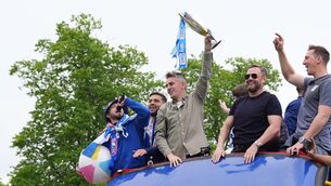 <p>UP THE TOWN: Ipswich Town manager Kieran McKenna during an open-top bus parade in Ipswich to celebrate promotion to the Premier League. Photo credit: Gareth Fuller/PA Wire.</p>