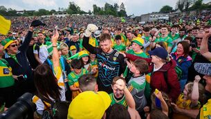 <p>ALIVE AND KICKING: Donegal goalkeeper Shaun Patton celebrates saving a penalty to win the game. Pic Credit ©INPHO/Ryan Byrne</p>